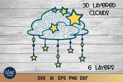 3d Layered Cloud Mandala SVG, Clouds SVG with Stars, Celestial SVG. 3D Paper Elinorka 