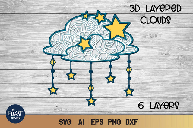 3d Layered Cloud Mandala SVG, Clouds SVG with Stars, Celestial SVG. 3D Paper Elinorka 