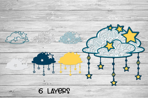 3d Layered Cloud Mandala SVG, Clouds SVG with Stars, Celestial SVG. 3D Paper Elinorka 