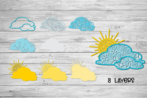 3d Layered Cloud Mandala SVG, Sun SVG and Clouds, Sun Rays in Clouds. 3D Paper Elinorka 