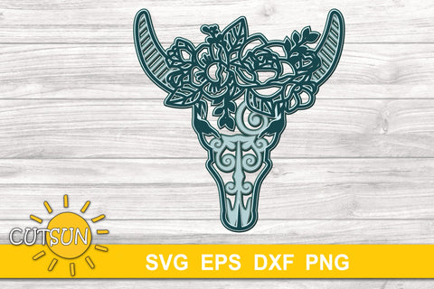 3D Layered Cow skull Mandala SVG | Floral Cow Skull Layered 3D Paper CutsunSVG 