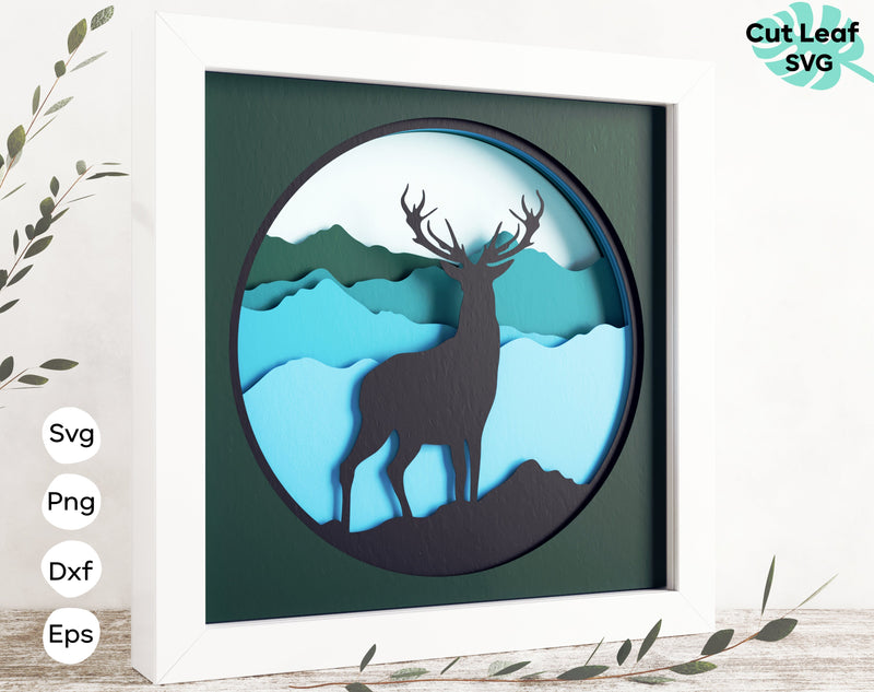 3d Layered Deer svg, 3d svg, laser cut files, cnc files for wood, Shadow box svg, Laser cut Deer, papercraft, Glowforge, Mountain svg 3D Paper CutLeafSvg 
