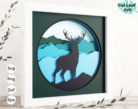 3d Layered Deer svg, 3d svg, laser cut files, cnc files for wood, Shadow box svg, Laser cut Deer, papercraft, Glowforge, Mountain svg 3D Paper CutLeafSvg 