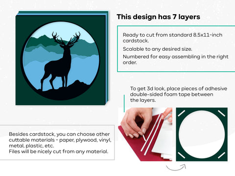 3d Layered Deer svg, 3d svg, laser cut files, cnc files for wood, Shadow box svg, Laser cut Deer, papercraft, Glowforge, Mountain svg 3D Paper CutLeafSvg 