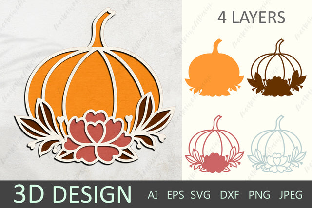 3d layered fall pumpkin with flowers, Thanksgiving decor paper cut 3D Paper AnastasiyaArtDesign 