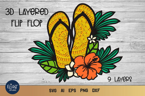 3D Layered Flip Flops SVG, Flip Flop Mandala SVG, Summer SVG, Beach SVG. 3D Paper Elinorka 