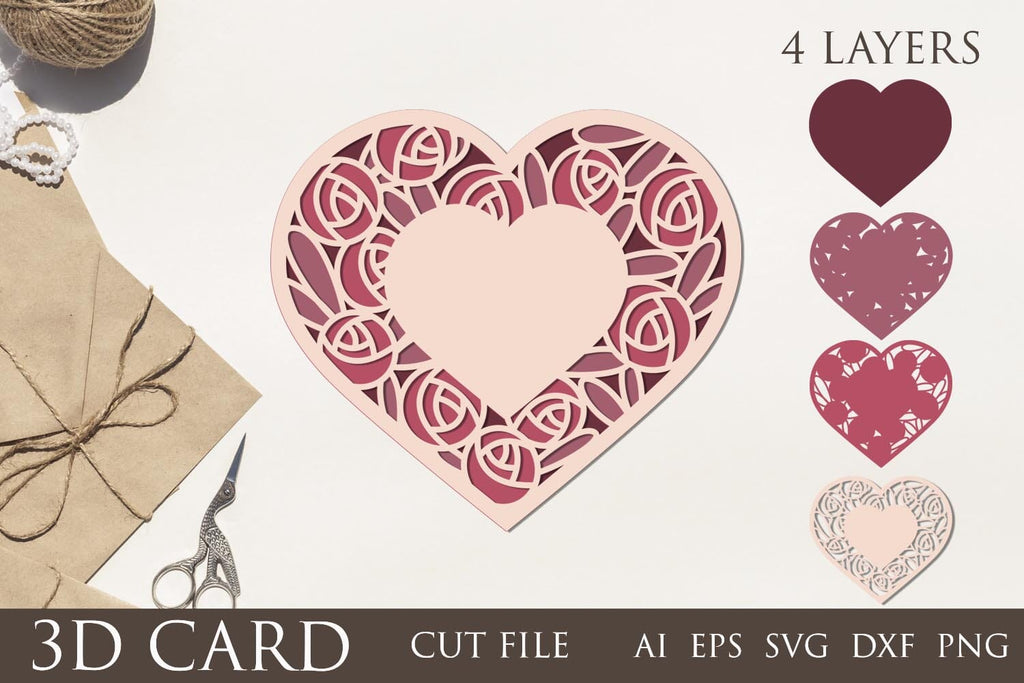 3d layered floral heart, Laser cut valentine heart, Floral card svg ...