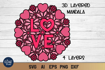 3D Layered Floral Heart Mandala SVG, Valentines Day SVG, Love cut file - 4 Layers. 3D Paper Elinorka 
