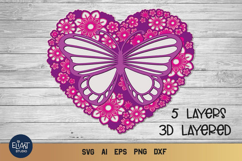 3D Layered Floral Heart SVG, Butterfly SVG, Mothers Day SVG. 3D Paper Elinorka 