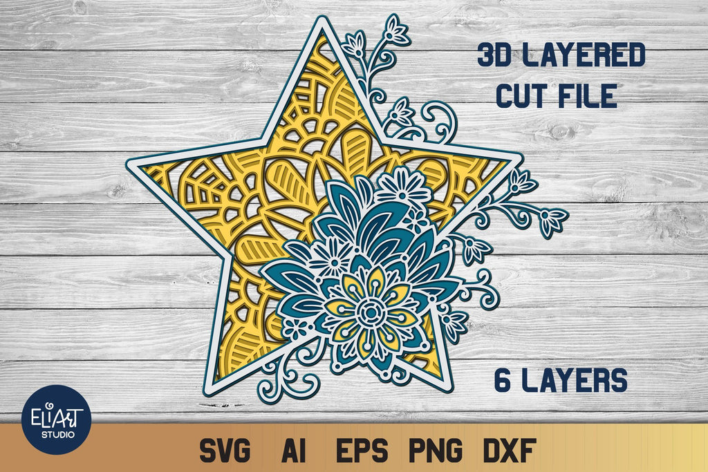 3D Layered Floral Star SVG, Celestial SVG, Star Mandala SVG, 6 Layers ...