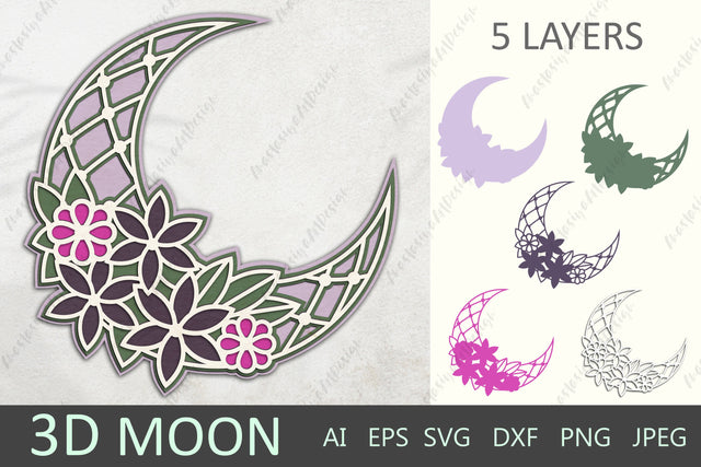 3d layered moon svg, Floral moon mandala, 3d crescent moon papercut 3D Paper AnastasiyaArtDesign 