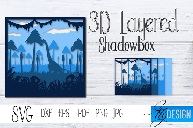 3D Layered Shadowbox. Dinosaur SVG, Dino Lightbox SVG vol.4 SVG Fly Design 