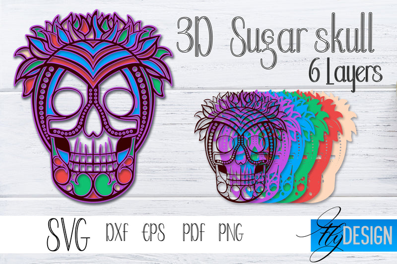 3D Layered Sugar Skull. Layered Halloween SVG Design. vol 1 SVG Fly Design 