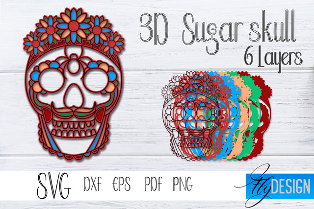 3D Layered Sugar Skull. Layered Halloween SVG Design. vol 2 SVG Fly Design 