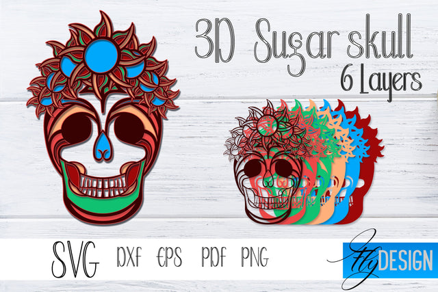 3D Layered Sugar Skull. Layered Halloween SVG Design. vol 3 SVG Fly Design 