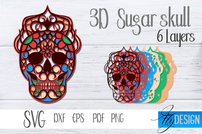 3D Layered Sugar Skull. Layered Halloween SVG Design. vol 4 SVG Fly Design 