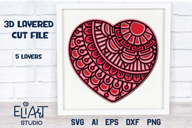 3d Layered SVG Heart Mandala, Valentines Day SVG. 3D Paper Elinorka 
