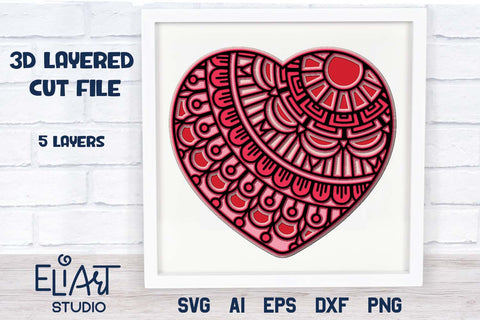 3d Layered SVG Heart Mandala, Valentines Day SVG. 3D Paper Elinorka 