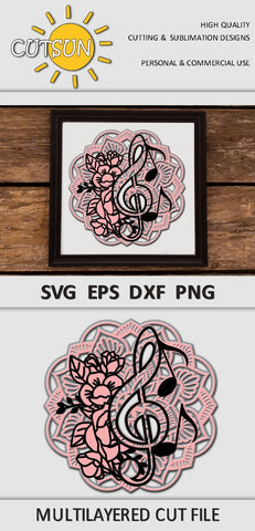 3D Layered Treble Clef Mandala SVG | 3D layered Music SVG 3D Paper CutsunSVG 