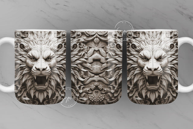 3D Lion Mug, White Floral Mug Wrap, Lion Mug Design, 3D Flower Mug, 3D Mural Mug, 11 & 15 Oz Mug Sublimation Wrap, Digital Download Sublimation Syre Digital Creations 