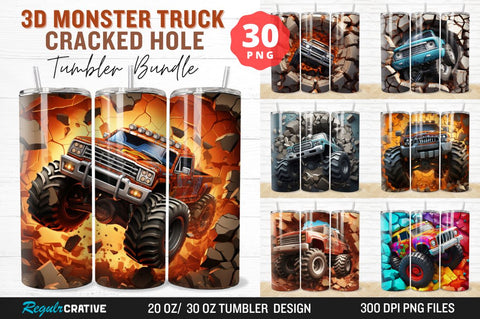 3D Monster Truck Cracked Hole Tumbler Bundle Sublimation Regulrcrative 