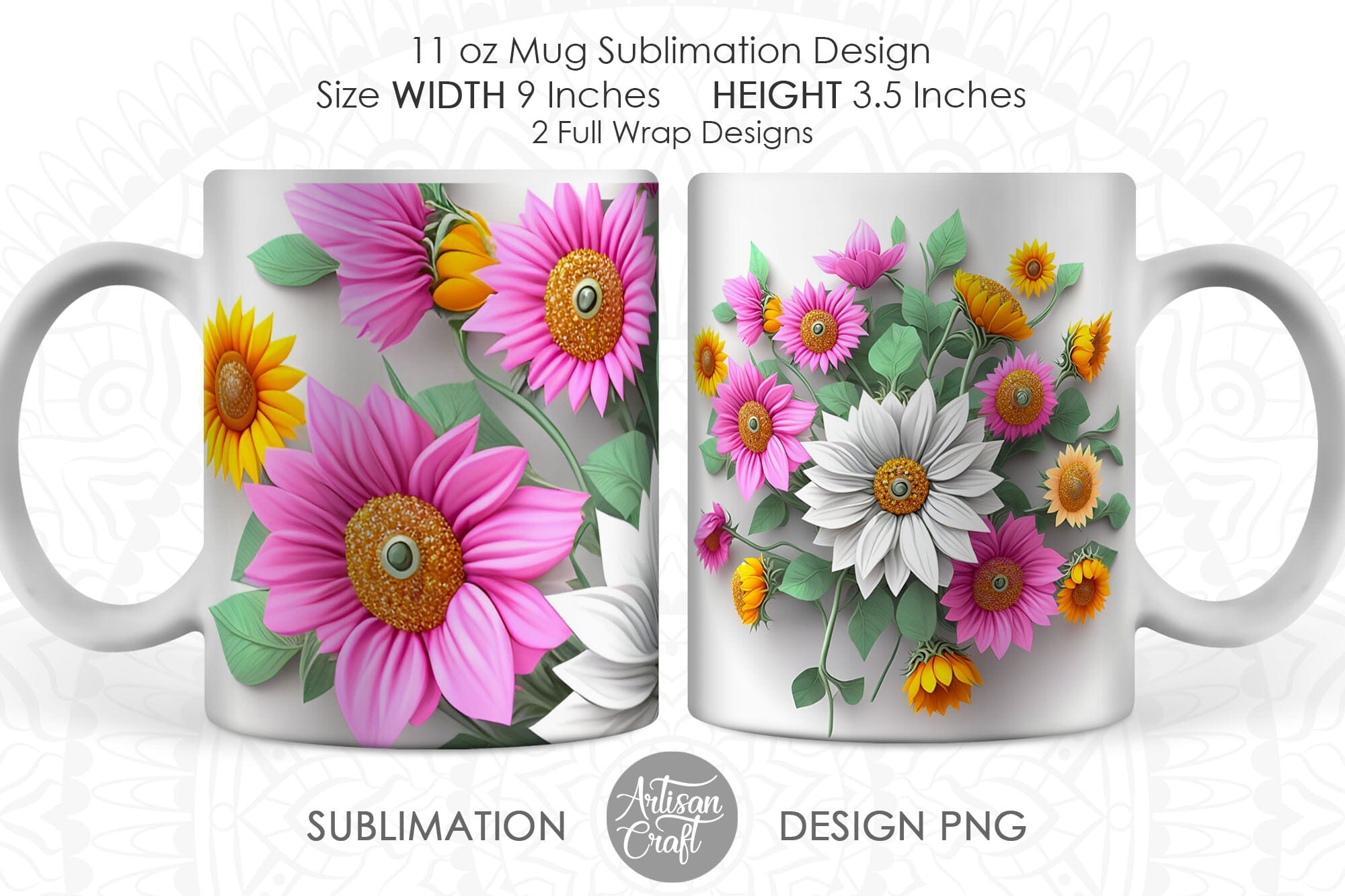 3D Sunflowers Ice-cream Mug Wrap 11oz and 15oz Mug Template 