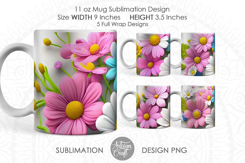3D mug design, 3D Flowers mug, daisy flowers Sublimation Artisan Craft SVG 