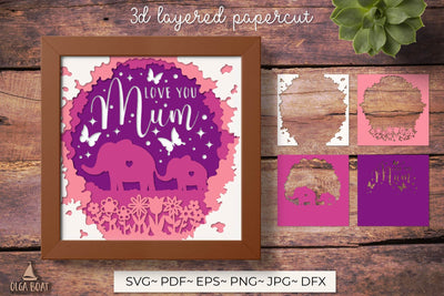 3d Mum and baby elephant | Love you mum svg card 3D Paper Olga Boat Design 