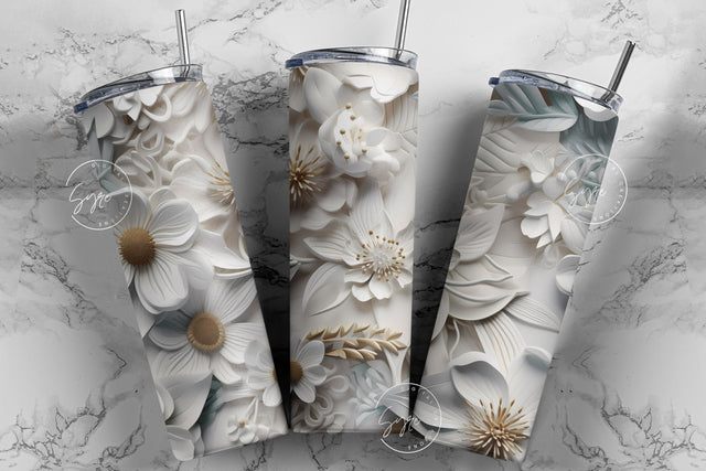 3D Mural Tumbler, White Floral Tumbler, Flower Wrap, 20oz Skinny Tumbler Sublimation, Gold Floral Tumbler, Wedding Tumbler, Digital Download Sublimation Syre Digital Creations 