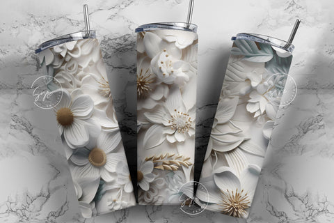 3D Mural Tumbler, White Floral Tumbler, Flower Wrap, 20oz Skinny Tumbler Sublimation, Gold Floral Tumbler, Wedding Tumbler, Digital Download Sublimation Syre Digital Creations 