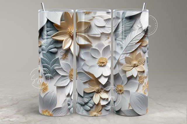 3D Mural Tumbler, White Floral Tumbler, Flower Wrap, 20oz Skinny Tumbler Sublimation, Gold Floral Tumbler, Wedding Tumbler, Digital Download Sublimation Syre Digital Creations 