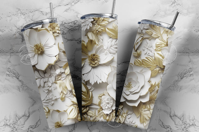 3D Mural Tumbler, White Floral Tumbler, Flower Wrap, 20oz Skinny Tumbler Sublimation, Gold Floral Tumbler, Wedding Tumbler, Digital Download Sublimation Syre Digital Creations 