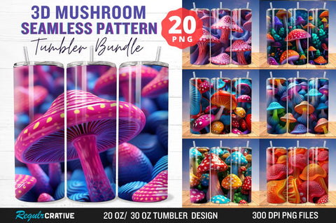 3D Mushroom Seamless Pattern Tumbler Bundle Sublimation Regulrcrative 