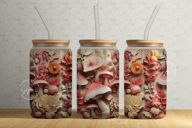 3D Mushroom Tumbler, 3D Flower Tumbler, 16 oz Libbey Glass Can Tumbler Sublimation Design, Mural Art, Floral Wrap, Flower Glass Can Design Sublimation Syre Digital Creations 
