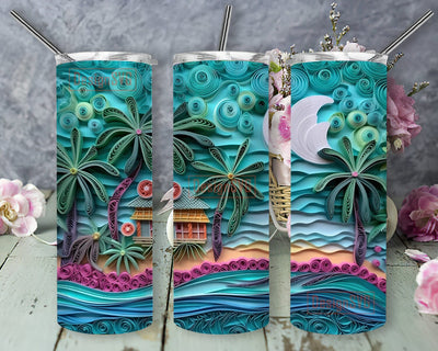 3D Neon Beach Moon 20oz Skinny Tumbler Png, Neon Colored Tropical Beach Tumbler, 3D Carved Beach Life Neon Palm Tree, Beach Landscape Png Sublimation DesignSVG 