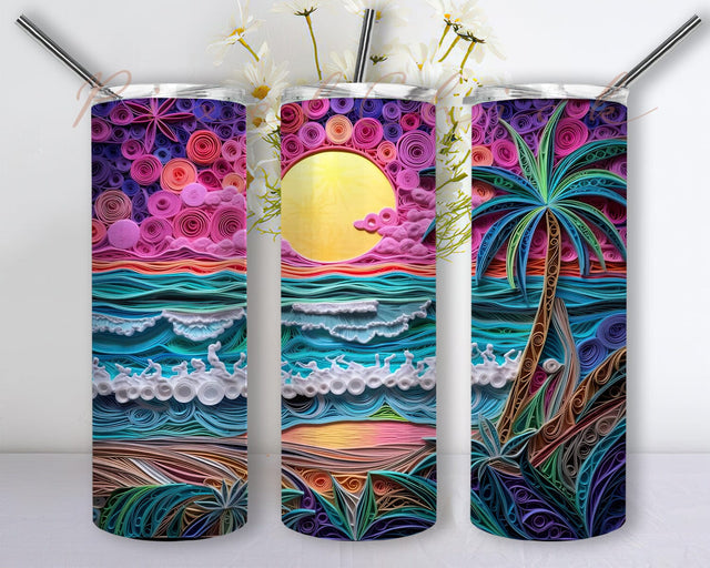 3D Neon Beach Sunset 20oz Skinny Tumbler Png, Neon Colored Tropical Beach Tumbler, 3D Carved Beach Life Neon Palm Tree, Beach Landscape Png Sublimation PixelChick 
