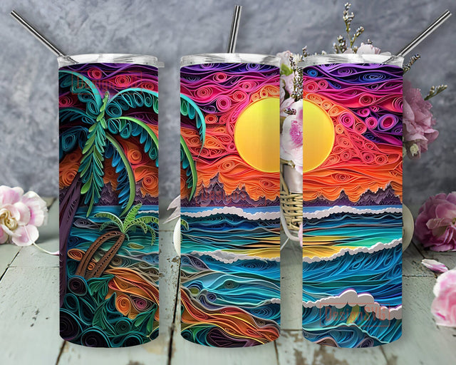 3D Neon Beach Sunset 20oz Skinny Tumbler Png, Neon Colored Tropical Beach Tumbler, 3D Carved Tropical Beach Life Neon Sunset Tumbler Sublimation DesignSVG 