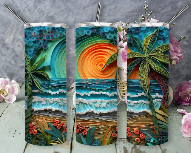 3D Neon Beach Sunset 20oz Skinny Tumbler Png, Neon Colored Tropical Beach Tumbler, 3D Carved Tropical Beach Life Neon Sunset Tumbler Sublimation DesignSVG 