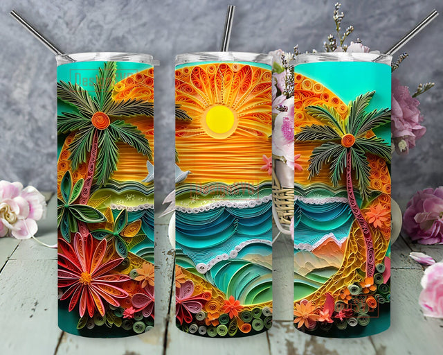 3D Neon Colored Tropical Beach 20oz Skinny Tumbler Png, 3D Neon Beach Sunset Png, 3D Carved Beach Life Neon Palm Tree, Beach Landscape Png Sublimation DesignSVG 
