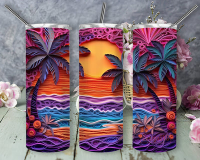3D Neon Colored Tropical Beach 20oz Skinny Tumbler Png, 3D Neon Beach Sunset Png, 3D Carved Beach Life Neon Palm Tree, Beach Landscape Png Sublimation DesignSVG 