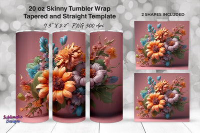 3D Orange Floral 20oz Skinny Tumbler Wrap Sublimation Sublimatiz Designs 