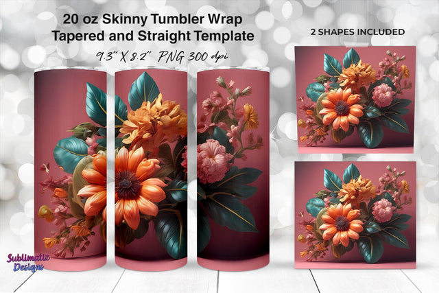 3D Orange & Pink Flowers 20oz Skinny Tumbler Wrap Sublimation Sublimatiz Designs 