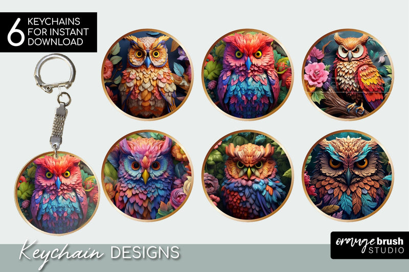 3D Owl Keychain Sublimation Bundle, 3D Flowers PNG Designs Sublimation OrangeBrushStudio 