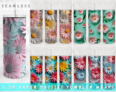 3D Paper Daisies Tumbler Wraps Bundle, 20 Oz Skinny Tumbler Sublimation Designs, Seamless Daisy Flowers Tumbler PNG, 5 Designs Sublimation HappyDesignStudio 