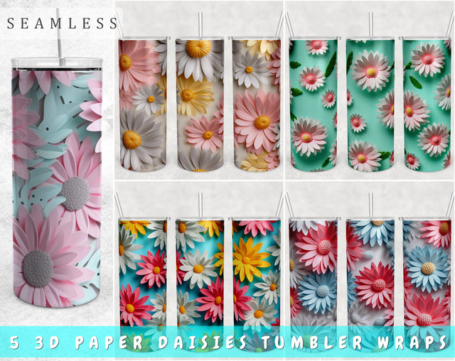 3D Paper Daisies Tumbler Wraps Bundle, 20 Oz Skinny Tumbler Sublimation Designs, Seamless Daisy Flowers Tumbler PNG, 5 Designs Sublimation HappyDesignStudio 