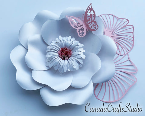 3D Paper Flower + butterfly, leaf and 2 Fringes SVG CanadaCraftsStudio 