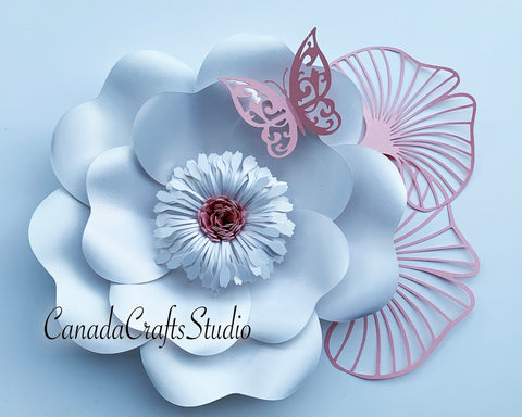 3D Paper Flower + butterfly, leaf and 2 Fringes SVG CanadaCraftsStudio 