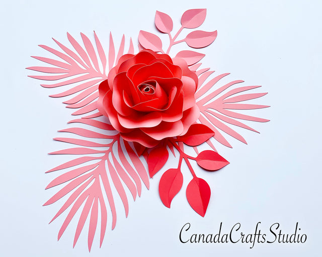 3d paper flower Rose + leaves SVG CanadaCraftsStudio 