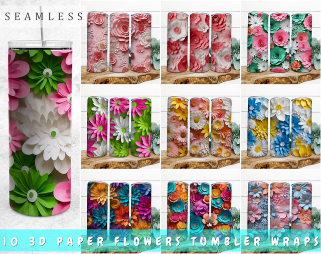 3d Paper Flowers Tumbler Wraps Bundle, 20 Oz Skinny Tumbler Sublimation Designs, Seamless 3D Flowers PNG, 10 Designs Sublimation HappyDesignStudio 