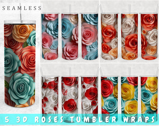 3D Paper Roses Tumbler Wraps Bundle, 20 Oz Skinny Tumbler Sublimation Designs, Seamless Roses Tumbler PNG, 5 Designs Sublimation HappyDesignStudio 